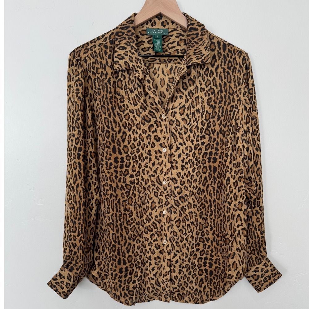 Lauren Ralph Lauren Silk Leopard Print Button Down Shirt Chic Animal Size 8